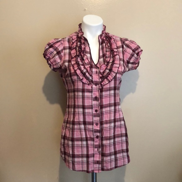 Max Love Pink Plaid Ruffled Button Up - Picture 1 of 5